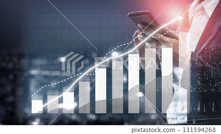 Business Professional Analyzing Market Trends with Smartphone in Front of Financial Graphs and City Scape at Night for Investment and Growth Insights Copula 131594268