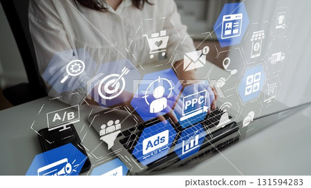 Marketing online strategy with digital advertising, PPC, social media and SEO icons Funnel 131594283