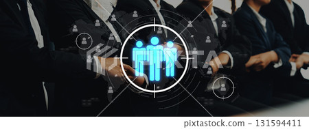 Business Team Collaboration with Digital Connections and Targeted Focus on Professional Networking in Modern Office Environment Trope 131594411