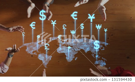 Hands Reaching Towards Digital World Currency Symbols Overlaid on a Global Map Representing Financial Connectivity and International Economy. Raster Hands Reaching Towards Digital World Currency Symbols Overlaid on a Global Map Representing Financial Connectivity and International Economy. Raster 131594430