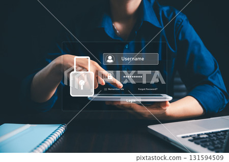 User accesses secure internet system through advanced high technology, username, password, ensuring encryption, strong cybersecurity for information security. using biometric identification User accesses secure internet system through advanced high technology, username, password, ensuring encryption, strong cybersecurity for information security. using biometric identification 131594509