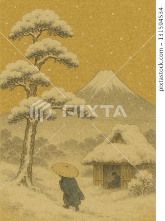 旅行者在雪中步行前往富士山 131594534