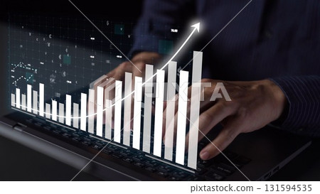 Business analysis with data visualization, graphs, and charts on laptop screen, person typing, financial growth, technology, innovation in workspace Copula 131594535