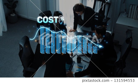 Business Team Analyzing Financial Data with Graphical Representation of Cost Percentages in Modern Office Setting. Raster 131594553