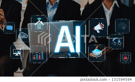 Business professionals discussing artificial intelligence concepts with modern technology icons and digital graphics representing innovation and connectivity. Raster Business professionals discussing artificial intelligence concepts with modern technology icons and digital graphics representing innovation and connectivity. Raster 131594594