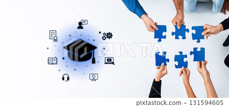 Collaboration and Learning Concept with Puzzle Pieces and Education Icons Representing Teamwork in Academic Settings Trope Collaboration and Learning Concept with Puzzle Pieces and Education Icons Representing Teamwork in Academic Settings Trope 131594605