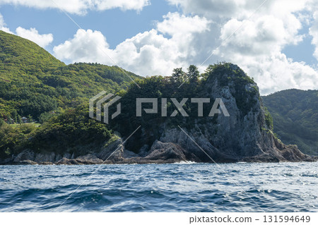 Shimokita Peninsula, view from a sightseeing boat heading from Sai Port to Hotokegaura, Sai Village, Aomori Prefecture Shimokita Peninsula, view from a sightseeing boat heading from Sai Port to Hotokegaura, Sai Village, Aomori Prefecture 131594649