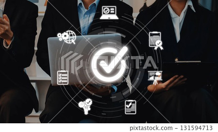 Business professionals collaborating on project with technology icons representing success, data analysis, and achievement in a modern office setting. Raster 131594713