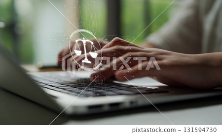 Digital law interface displaying justice scale, highlighting digital law Muxer 131594730