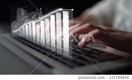 Business professional interpreting data with laptop, digital graphs showcasing performance metrics, hands typing on keyboard, modern workspace concept Copula 131594848