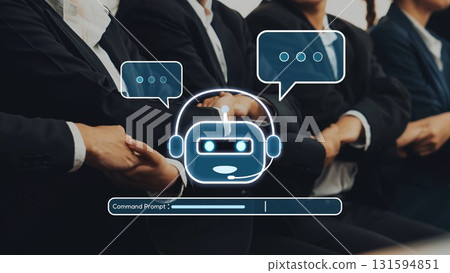 Digital Assistant Concept with Business Professionals Engaged in Conversation and Interactive Chatbot Illustration in Modern Office Setting. Raster 131594851