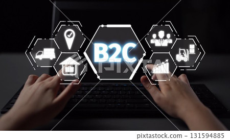 B2C Business Model with Consumer Delivery, Retail, and Growth Icons Muxer 131594885