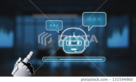 Futuristic Robot Assistant with Speech Bubbles in a Modern Office Environment for Technology and AI Concepts Synapse 131594960