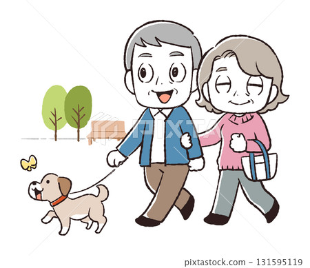 一對老年夫婦遛狗的插圖 131595119