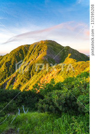 View of the morning glow of Mt. Kamikawachi from the summit of Mt. Minami in the Southern Alps. Climbing Mt. Hijiri in the Southern Alps 131595208