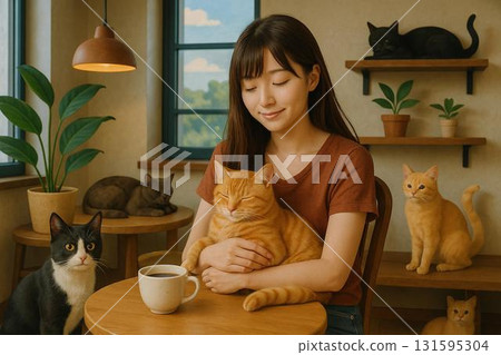貓咖啡館女人形象逼真 貓咖啡館女人形象逼真 131595304