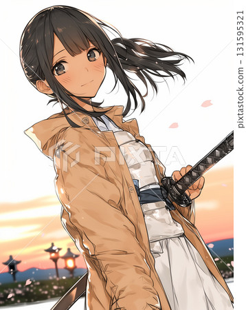 A beautiful girl with a sword smiling at dusk. A modern samurai girl in a coat. A fantasy illustration in anime style. 131595321