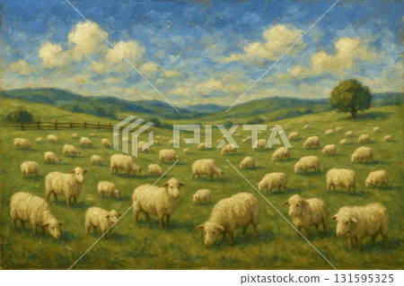 Sheep, sheep, ranch, grazing, oil painting 131595325