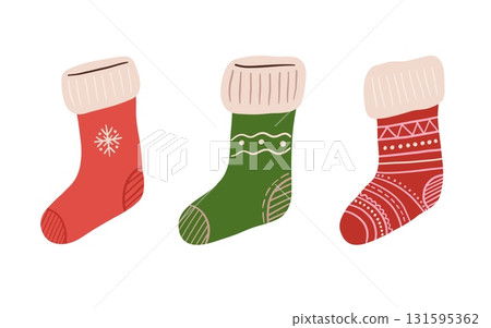 Set of cartoon vintage Christmas stocking vector illustration. Xmas socks clipart. Winter holiday decoration Set of cartoon vintage Christmas stocking vector illustration. Xmas socks clipart. Winter holiday decoration 131595362