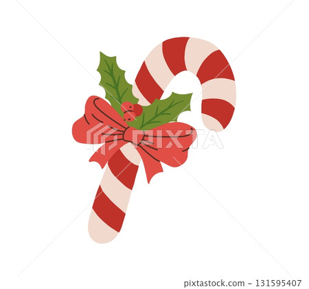 Cartoon Christmas candy cane with ribbon bow vector illustration. Vintage Xmas sweets in hand draw style Cartoon Christmas candy cane with ribbon bow vector illustration. Vintage Xmas sweets in hand draw style 131595407