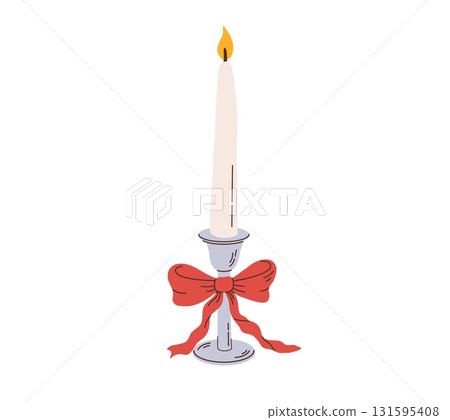 Cartoon Christmas candle with candlestick and bow vector illustration. Wedding decoration Cartoon Christmas candle with candlestick and bow vector illustration. Wedding decoration 131595408