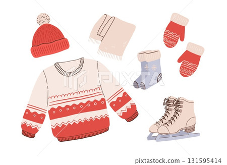 Cartoon winter clothes and accessories vector illustration. Christmas ugly sweaters, mittens, scarf, socks, hat and ice skates set. 131595414