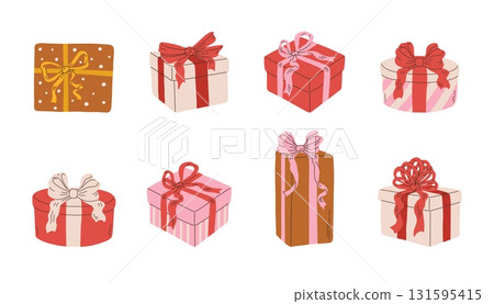 Hand draw Christmas gift box vector illustration set. Xmas presents in doodle style. Holiday clipart 131595415