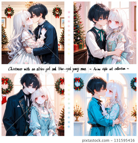 A kissing couple. An albino girl and a blue-eyed young man hugging. A set of four AI illustrations depicting Christmas. A kissing couple. An albino girl and a blue-eyed young man hugging. A set of four AI illustrations depicting Christmas. 131595416