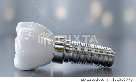 Dental implant with metal pin isolated on neutral background. white human tooth model. modern dentistry quality dental prosthesis concept horizontal view 131595776