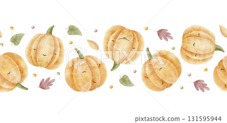 Seamless pumpkin border with colorful autumn leaves. Hand-drawn watercolor illustration in childish Halloween style. Horizontal banner isolated on background for card design, nursery decor, wallpaper Seamless pumpkin border with colorful autumn leaves. Hand-drawn watercolor illustration in childish Halloween style. Horizontal banner isolated on background for card design, nursery decor, wallpaper 131595944
