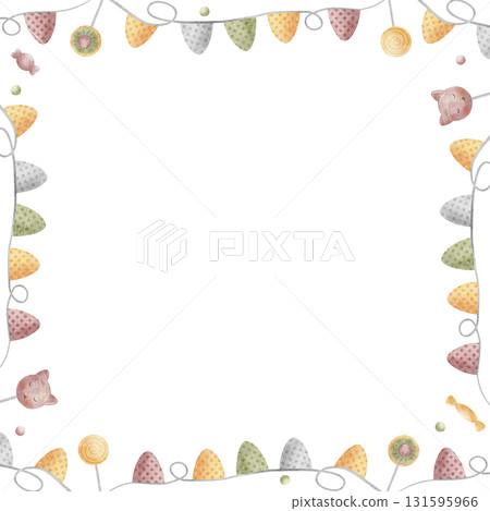 Halloween frame sweets, colorful garland, flags. Hand-drawn watercolor illustration in childish style, isolated from the background, suitable for designing invitations, cards, templates, greetings Halloween frame sweets, colorful garland, flags. Hand-drawn watercolor illustration in childish style, isolated from the background, suitable for designing invitations, cards, templates, greetings 131595966
