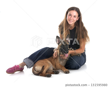 malinois and girl in studio 131595980