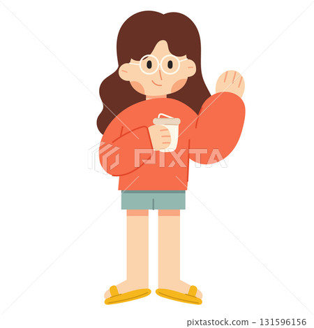 Cartoon Woman with Coffee Cup. Flat vector illustration of a cartoon woman holding a coffee cup or mug. Perfect for morning routine, caffeine, coffee break, cafe, and digital marketing concepts. 131596156