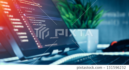 Modern coding workspace with screen and keyboard 131596232