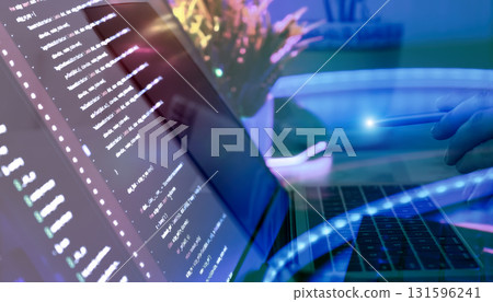 Stylized programming scene with digital overlay 131596241