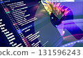 Futuristic AI Coding Environment with Python Script on Screen and Blurred Neon Office Background  131596243