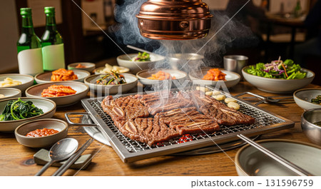 Korean Barbecue Table with Grilled LA Galbi and Side Dishes 131596759