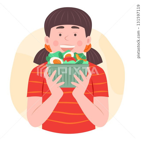 Happy Teenage Girl Holding a Bowl of Salad for Healthy Eating and Healthcare Concept Illustration 131597119