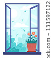 Flower Pot Placed by the Glass Window Frame that Opens onto the Garden Concept Illustration Clip Art 131597122