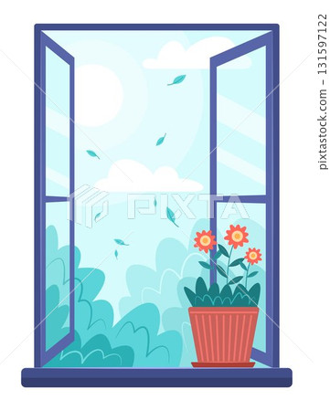 Flower Pot Placed by the Glass Window Frame that Opens onto the Garden Concept Illustration Clip Art 131597122