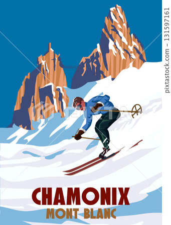 Vintage Travel poster Ski Chamonix resort. France winter landscape travel card 131597161