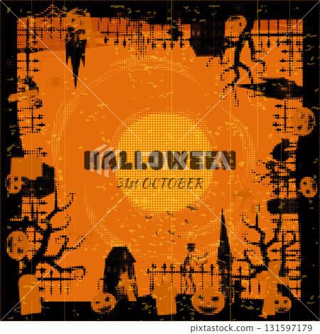 Happy Halloween party poster scary dark castle, skeleton, cross, grave, Moon, pumpkins, bats, silhouette 131597179