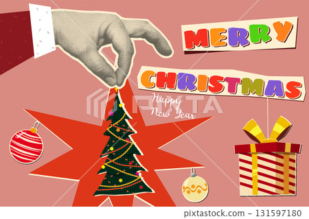 Christmas and New Year vintage background. Hand of Santa Claus hold Christmas tree 131597180