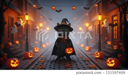 A black cat dressed as a witch in the streets at night on Halloween 131597409