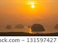 beautiful yellow sunrise at Samet Nangshe landmark of Phang Nga Thailand. 131597427