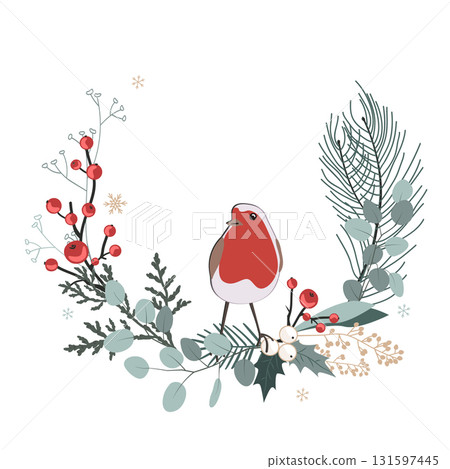 Floral Christmas wreath frame with cute robin bird. Winter foliage decoration, Xmas card. Vector isolated illustration. Floral Christmas wreath frame with cute robin bird. Winter foliage decoration, Xmas card. Vector isolated illustration. 131597445