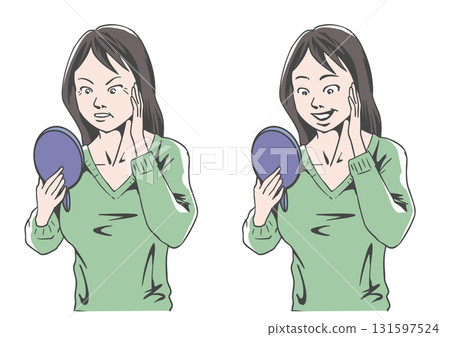 Before and after of a middle-aged woman concerned about wrinkles on her skin 131597524