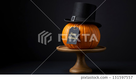 Elegant pumpkin wearing a top hat and a Happy Halloween tag on a wooden pedestal against a dark background. 131597557