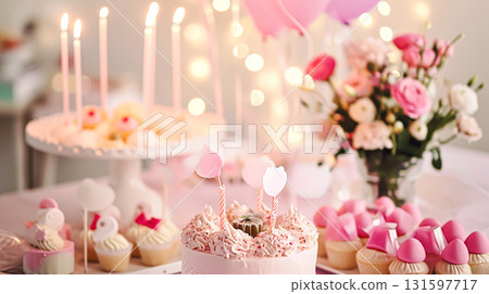 Birthday table decoration with sweets, flowers, candles and pink balloons. 131597717
