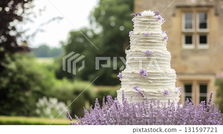 Wedding cake with lavender flowers. Holiday table decoration 131597721